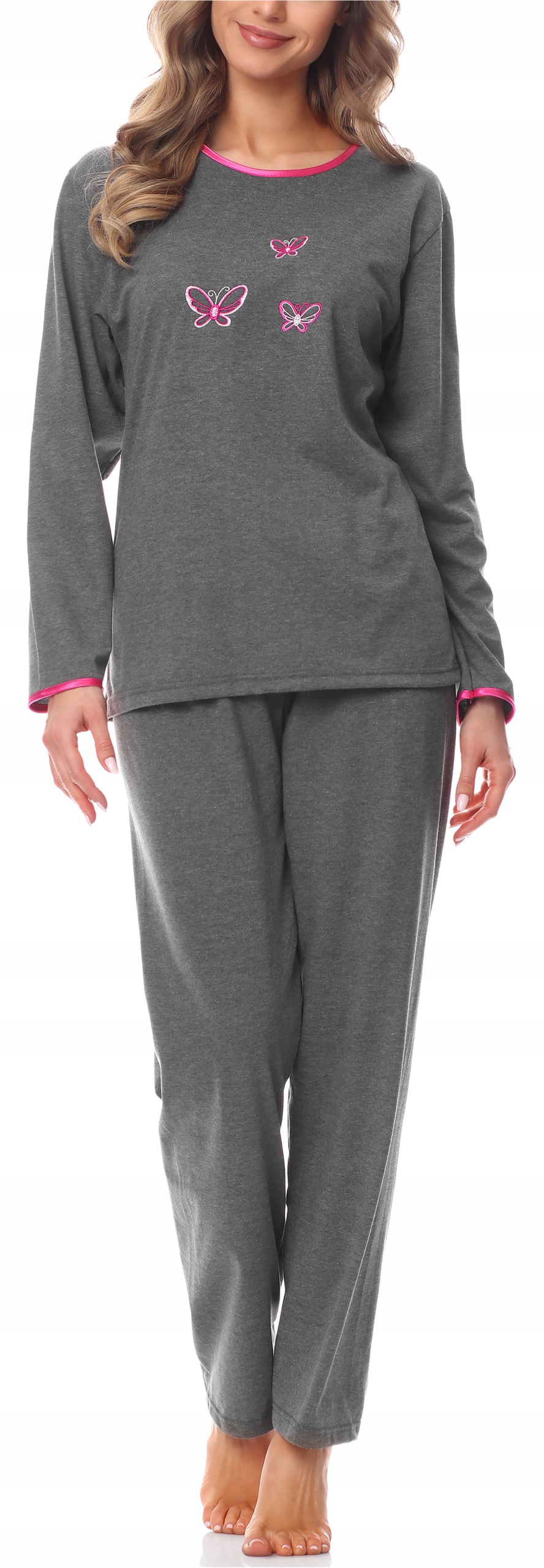 Dámské bavlněné pyžamo s dlouhým rukávem, šedé, XXL