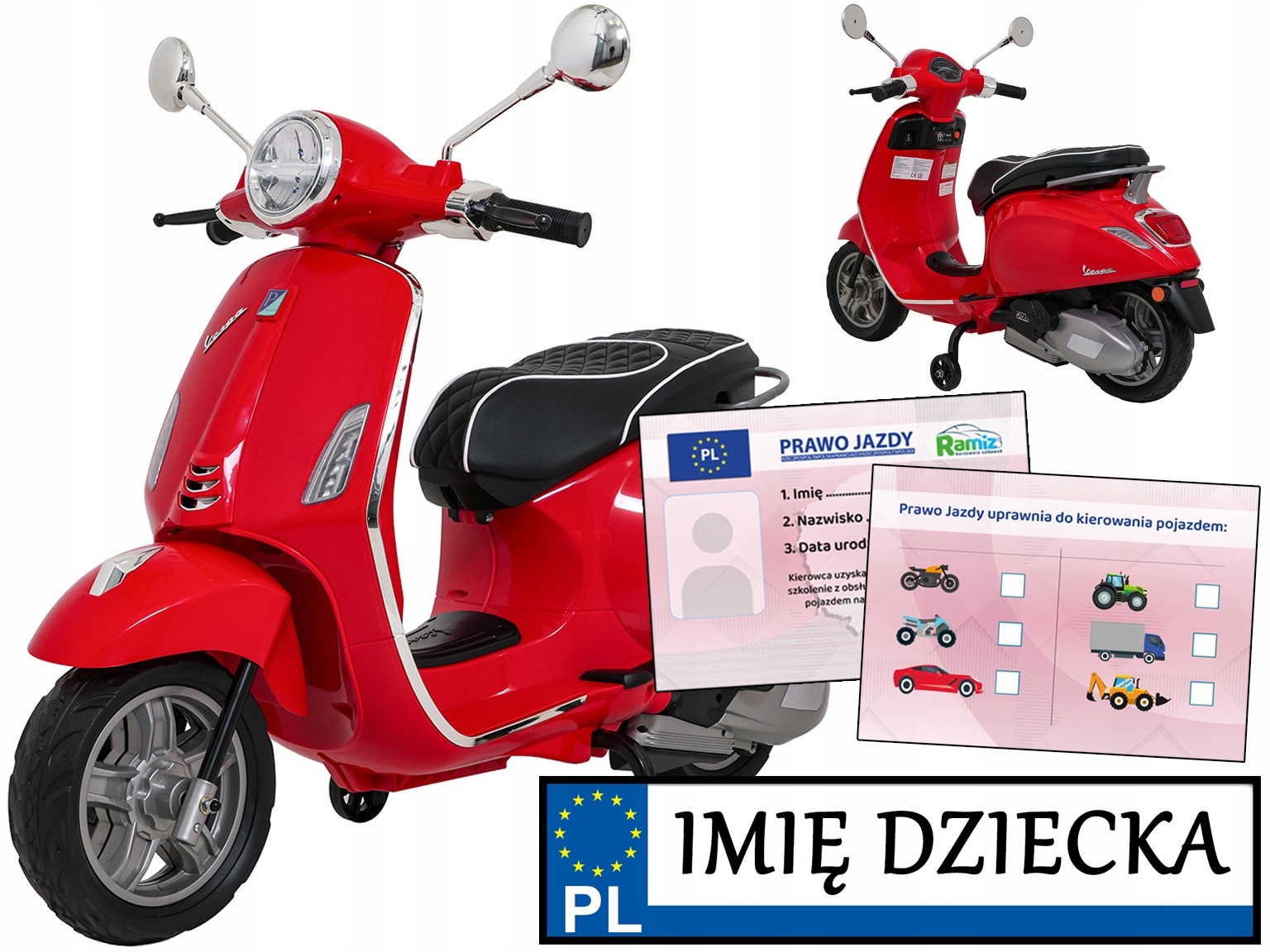 Skuter Elektryczny Vespa Roma piankowe koła Motorek Dla Dzieci kółka boczne