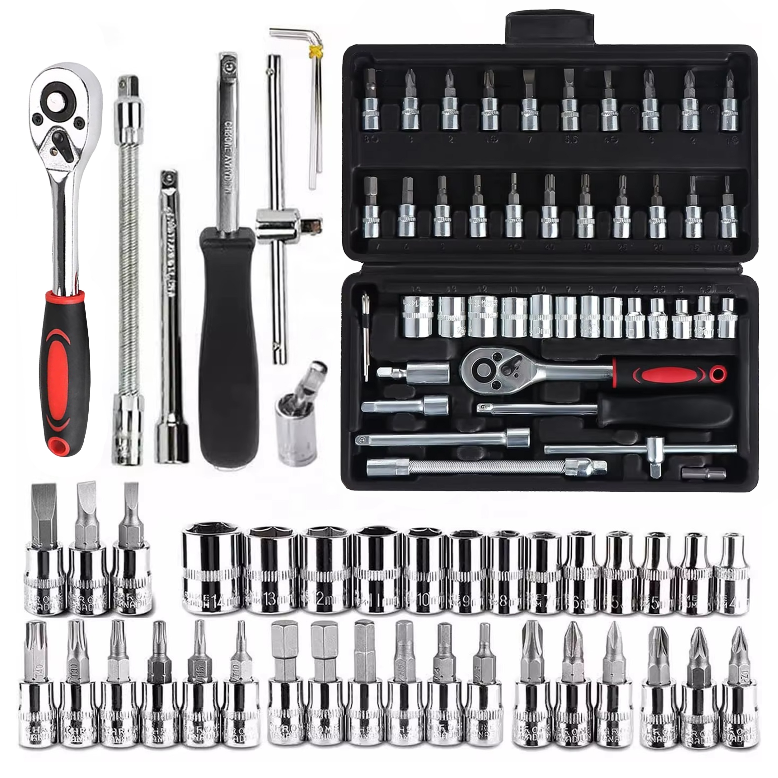 Zestaw Kluczy Nasadowych Bitów Grzechotka Adaptery Klucze Nasadowe 46szt