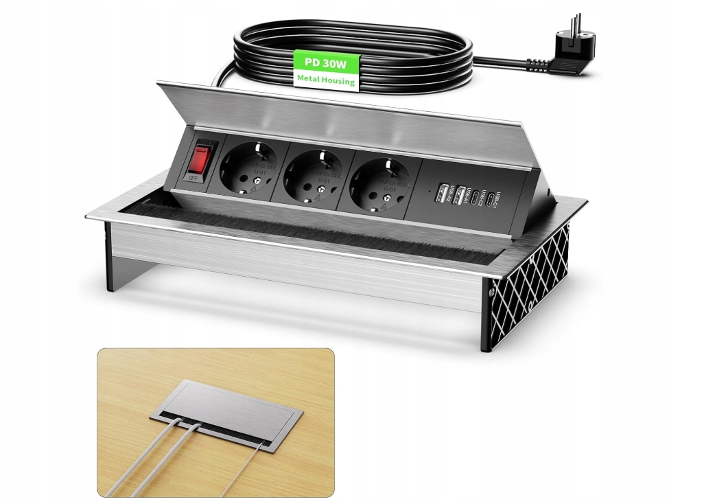 Hliníková zástrčková zásuvka s 2 Usb-c Pd 30 W a 2 Usb-a, 3 zásuvky s Usb