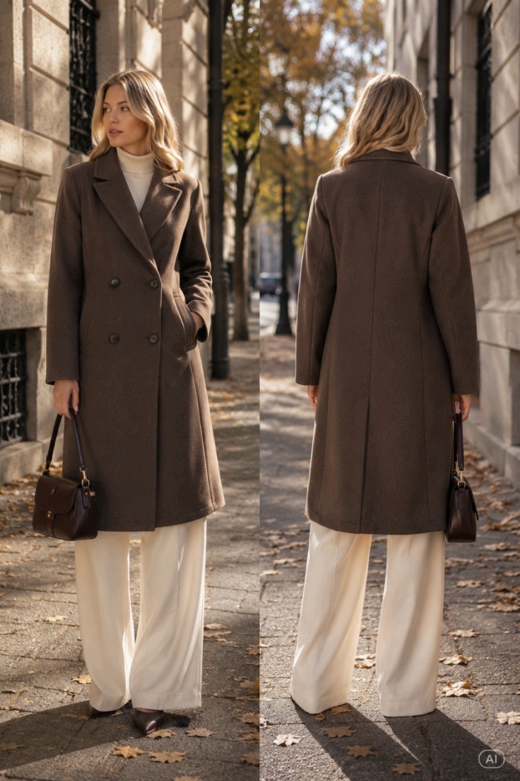 Dámský Dvouřadý Kabát, Hnědý, Klasický, Elegantní, Ke Kolenům Xs