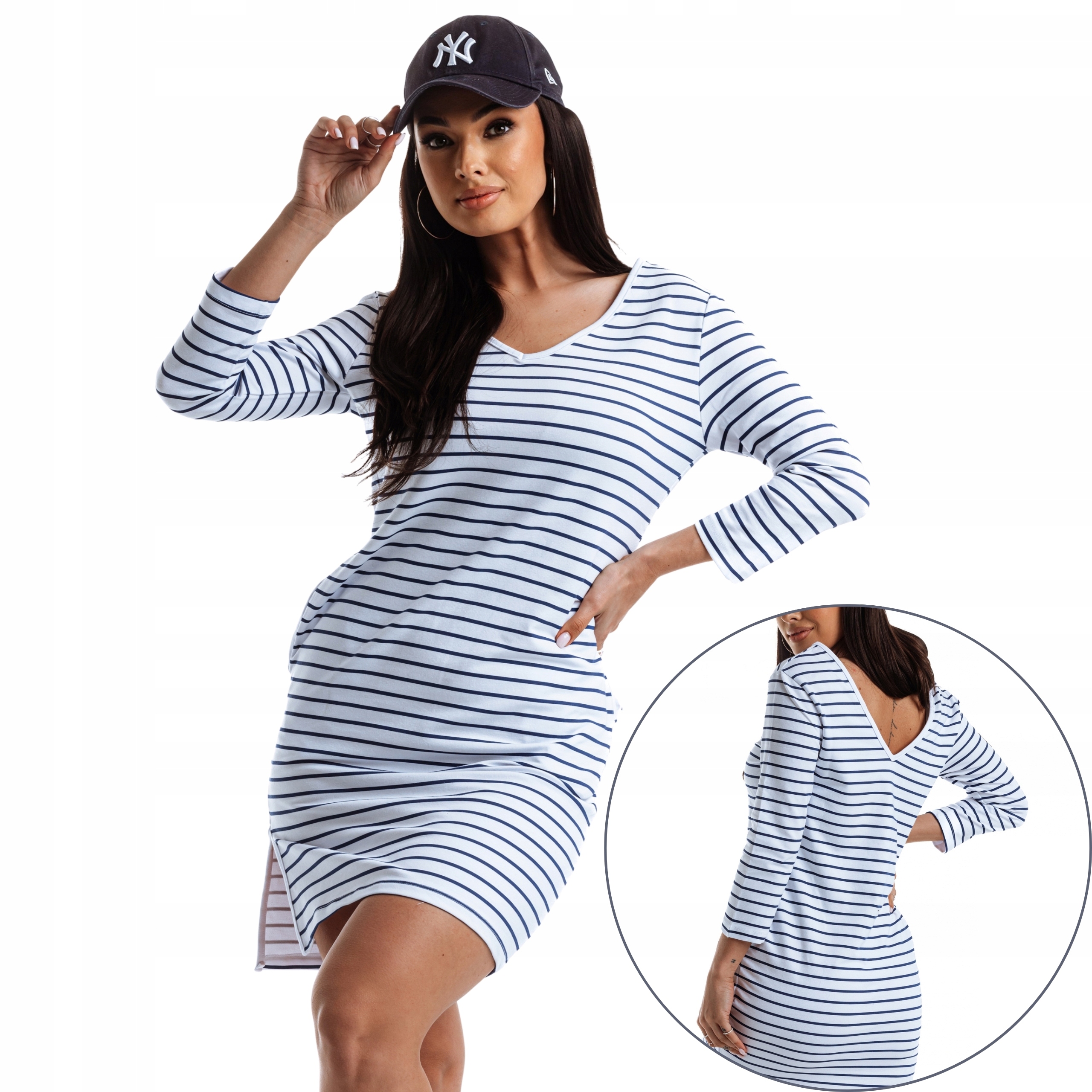 Šaty pletená z bavlněné tkaniny s proužky marine bílá námořnická modrá S