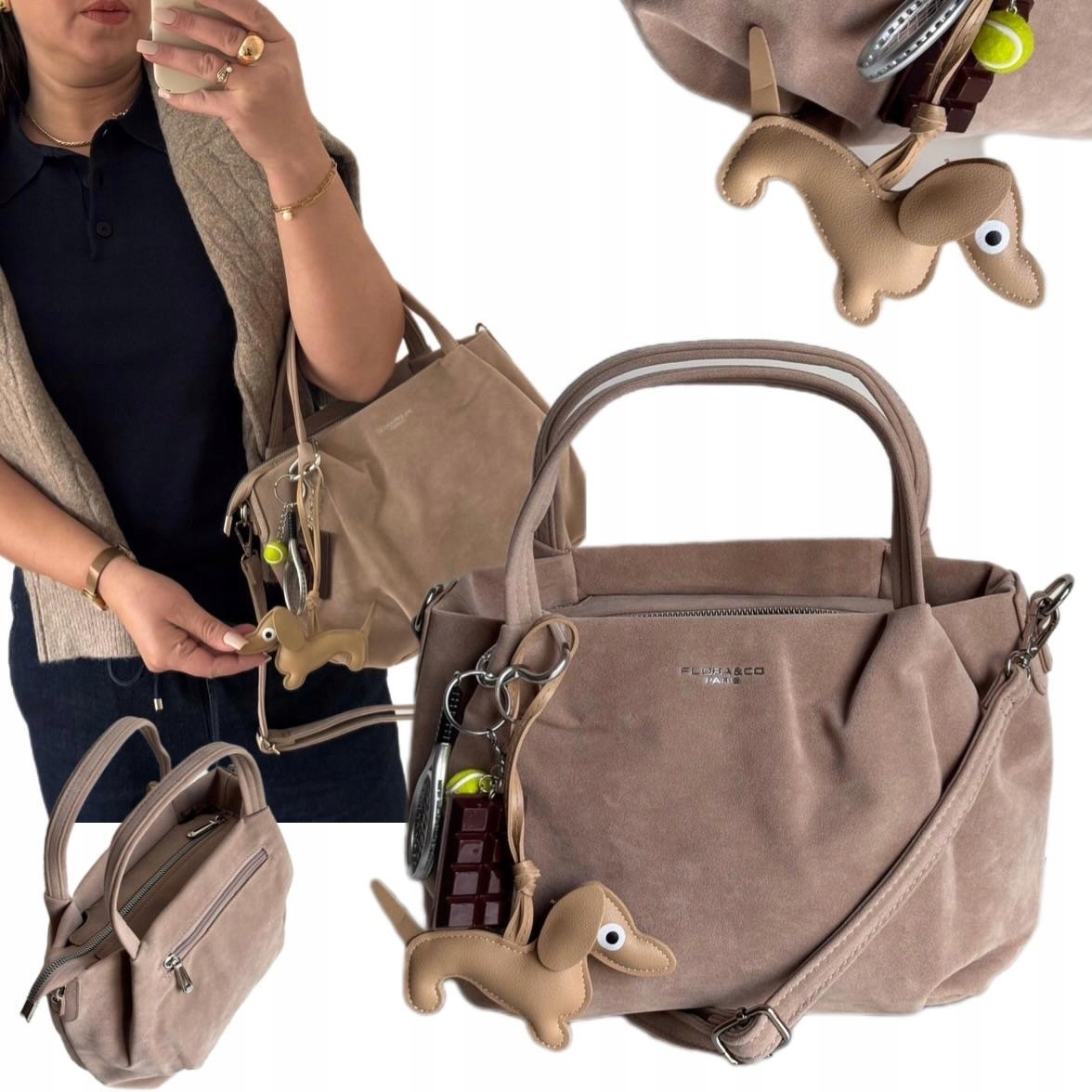 Torebka Damska Beżowa Ecru Flora&co Skóra Eco Zamszowa Zamsz Shopper Wiosna