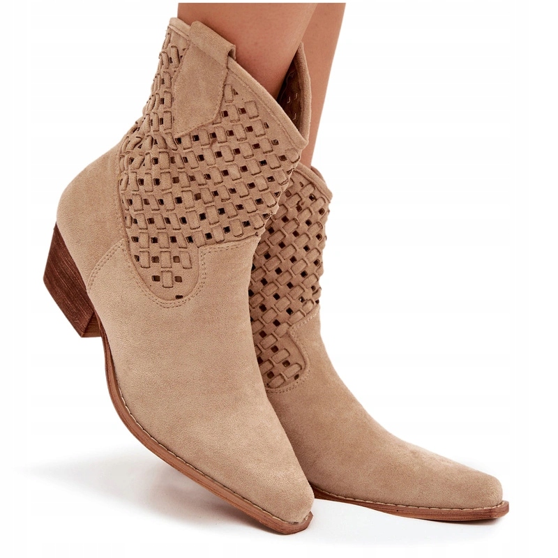 Dámské Kotníkové Boty Prolamované Na Podpatku Zip Eko Semišové Béžové 38
