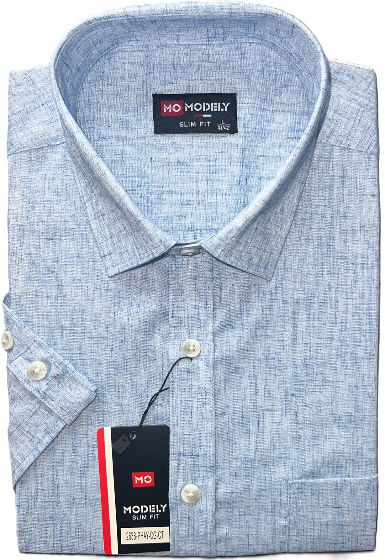Pánská košile Modely 2638 Modrý efekt lnu SlimFit XL 42/43 Krátký rukáv