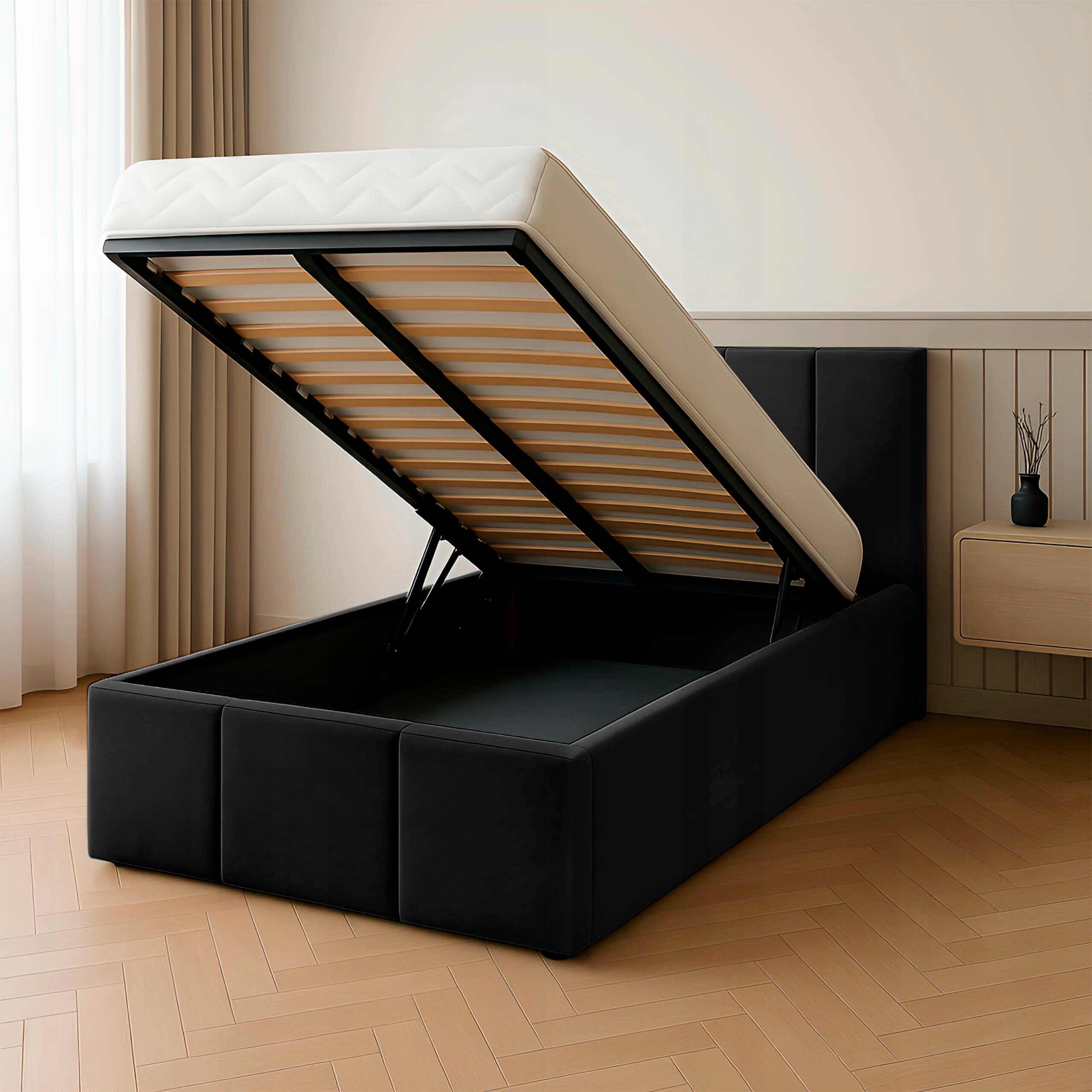 Jednolůžková Postel 90x200 cm Čalouněná Postel S Úložným Prostorem Černá