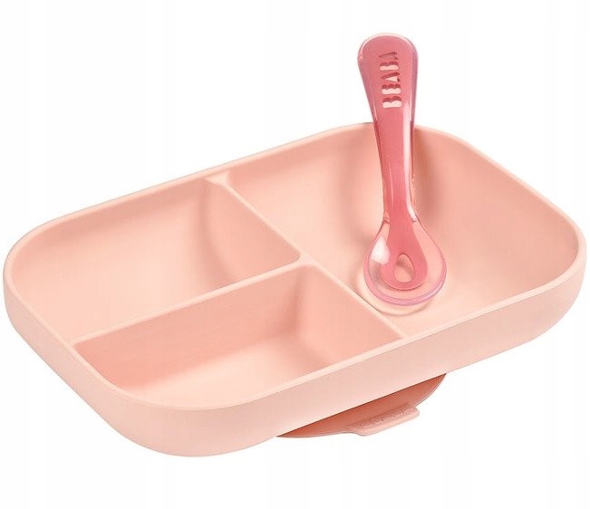 BEABA TALERZ z PRZYSSAWKĄ Łyżeczka SILIKON 4m+ RÓŻ