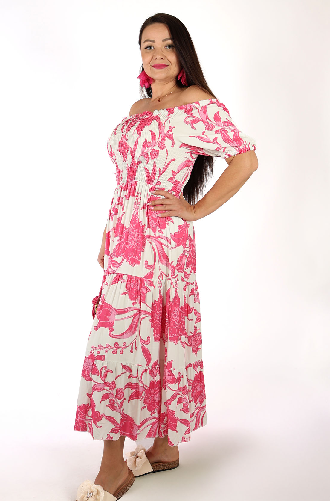 Italská Šaty Maxi Španělka s květy Boho Made in Italy Letní Fuchsiová