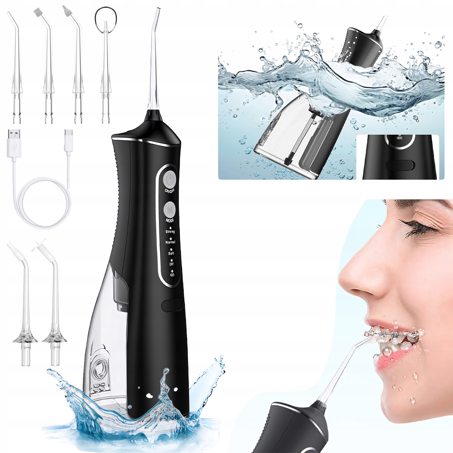 Irygator Do Zębów Bezprzewodowy Czarny 6 Dysze 4 Poziomów IPX7 300ML