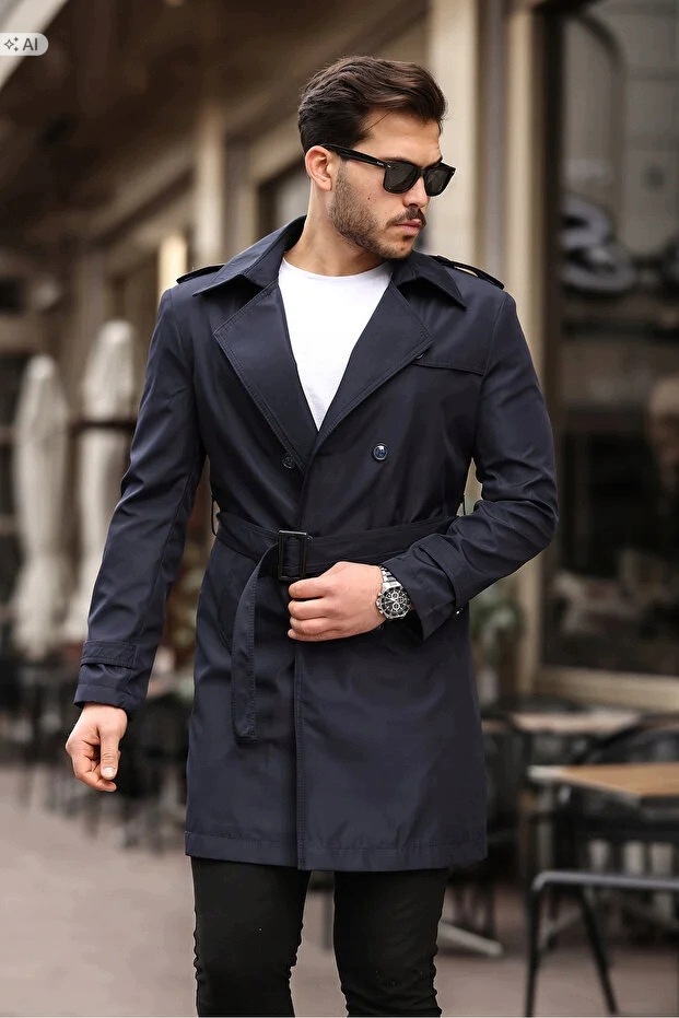 Elegantní Pánský Černý Hladký Kabát S Páskem M 5IA