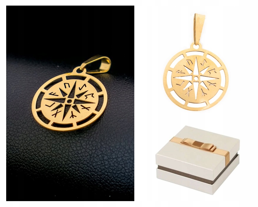 Zlato 585 Zlatý přívěsek Kompas s Runami Ódina Růže Větrů Zlato 14 kt