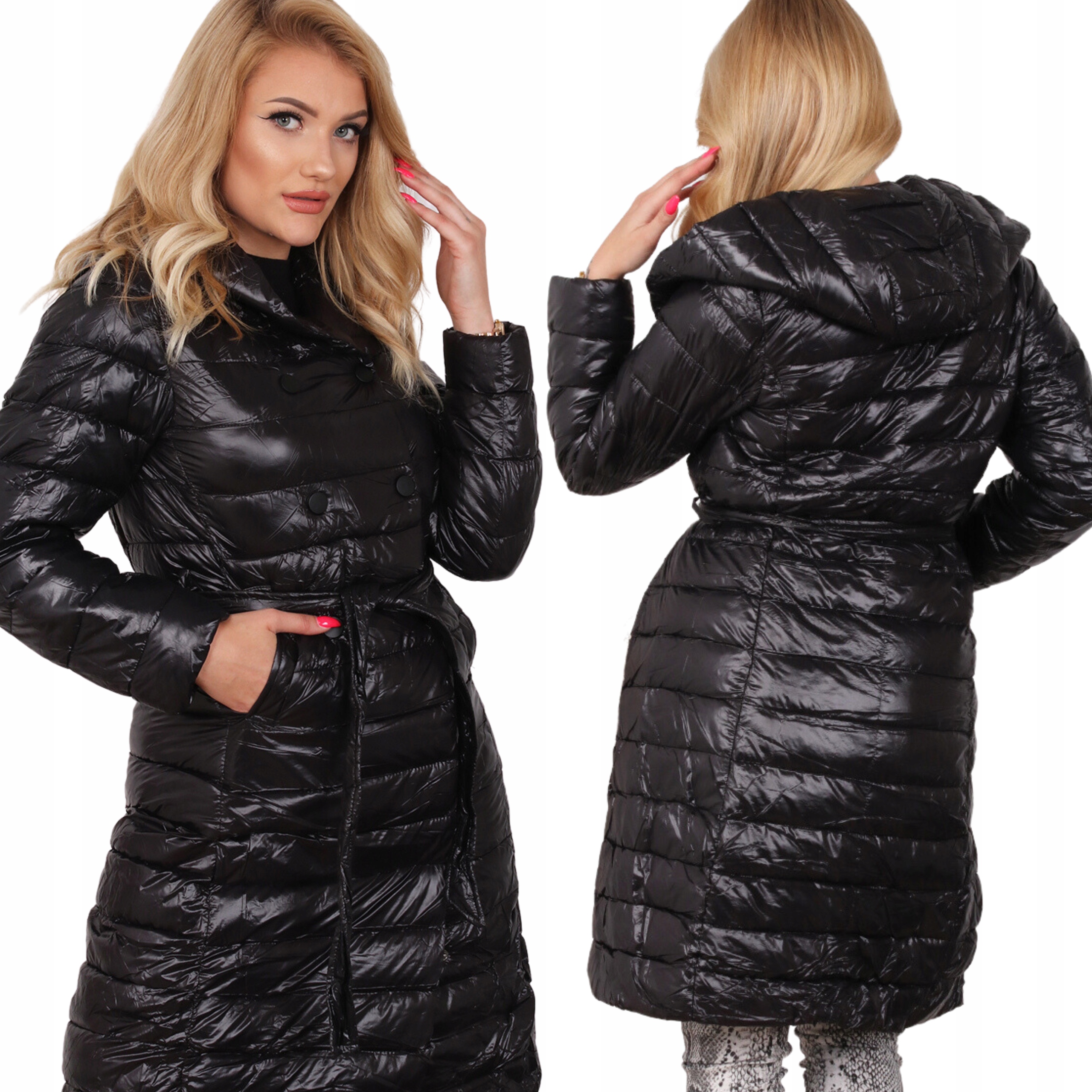 Kurtka Długa Płaszcz Wiązany Kaptur Pikowana Modna Czarna 36 S 2086