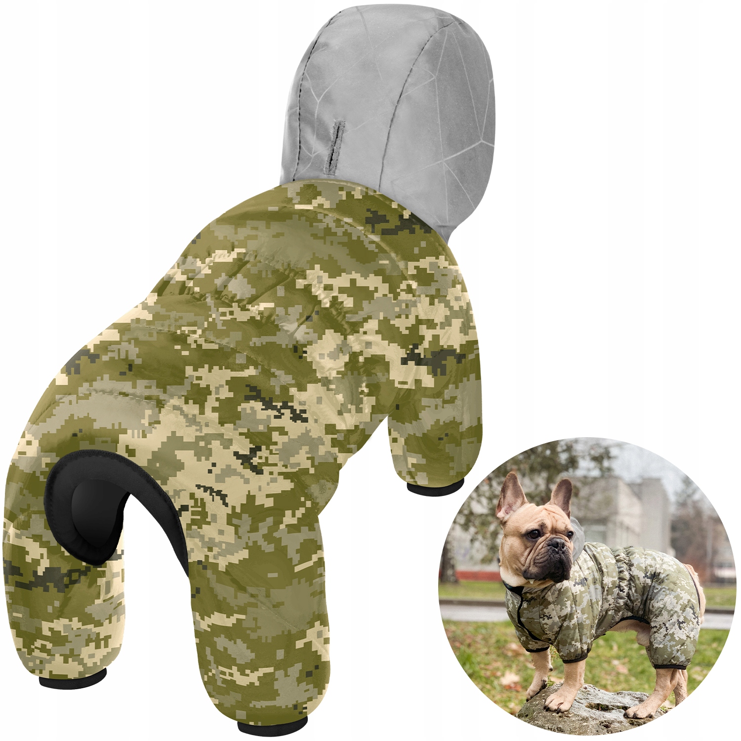 Levně Kombinéza pro psa s reflexní kapucí, zimní, lehká, vojenská, XS(S32)