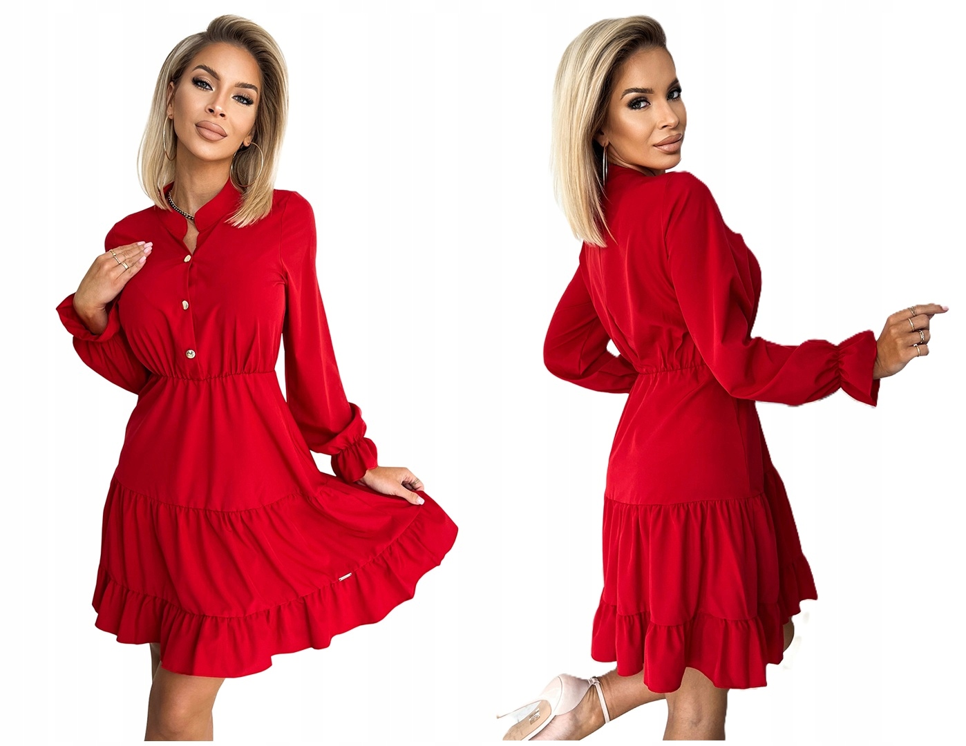 Krásné Světle Červené Šaty S Volánky A Zlatými Knoflíky, Velikost XL