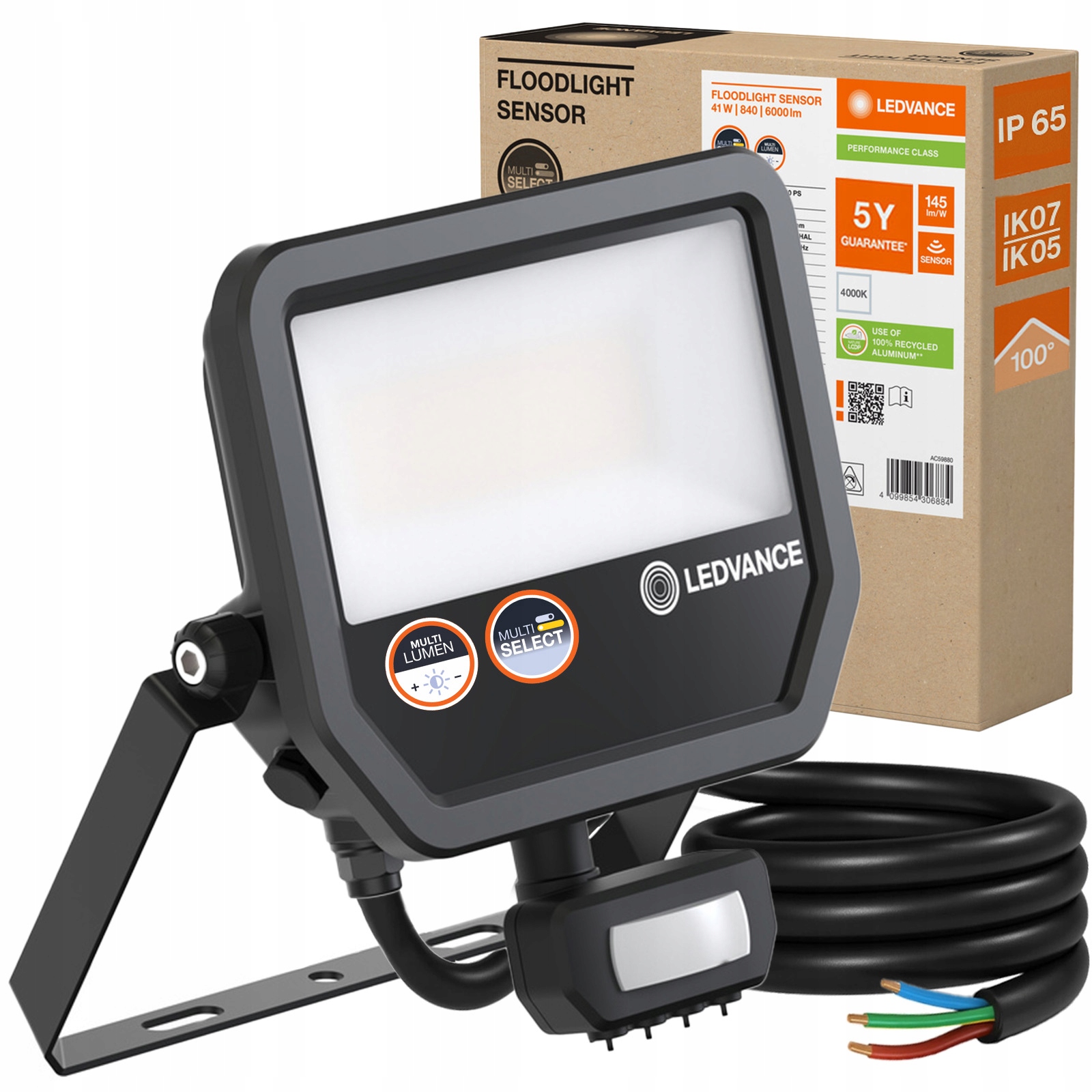 Led reflektor 41W 6000lm 4000K IP65 černý s pohybovým a soumrakovým senzorem