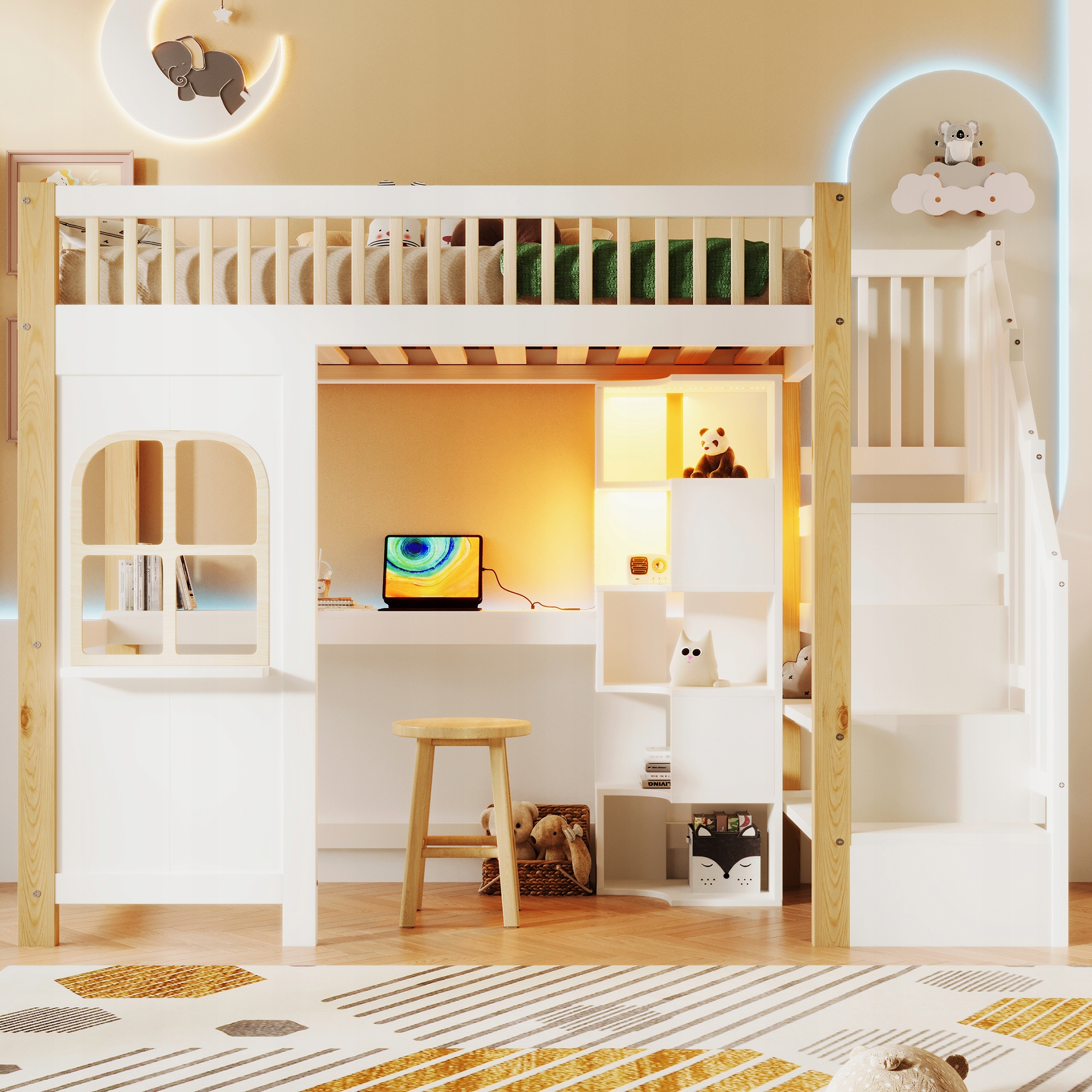 Letto A Castello 90X200 Led Con Scrivania - Xylo - Bianco-Marrone