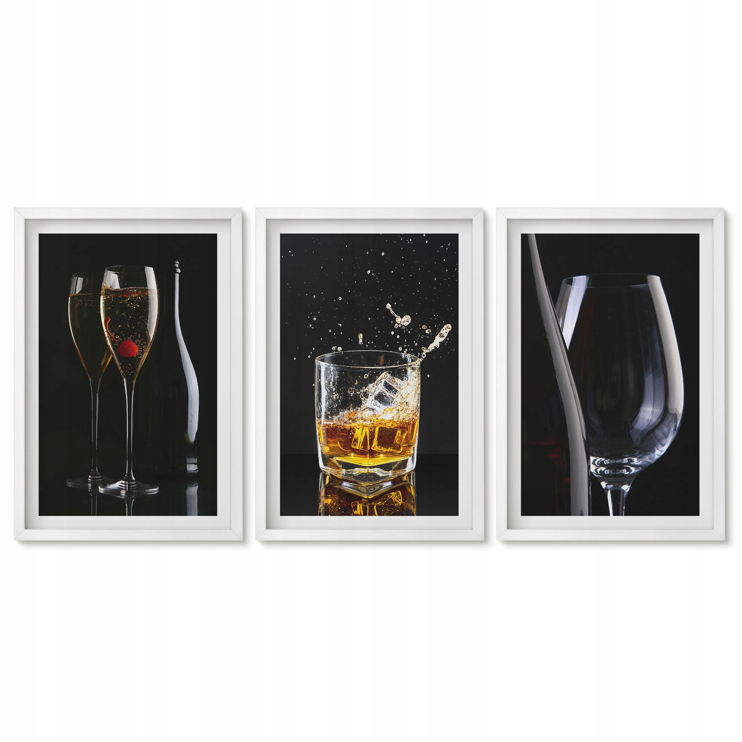 40x60 Sada obrazů zarámovaných v rámu Skleničky na víno, whisky, černé pozadí