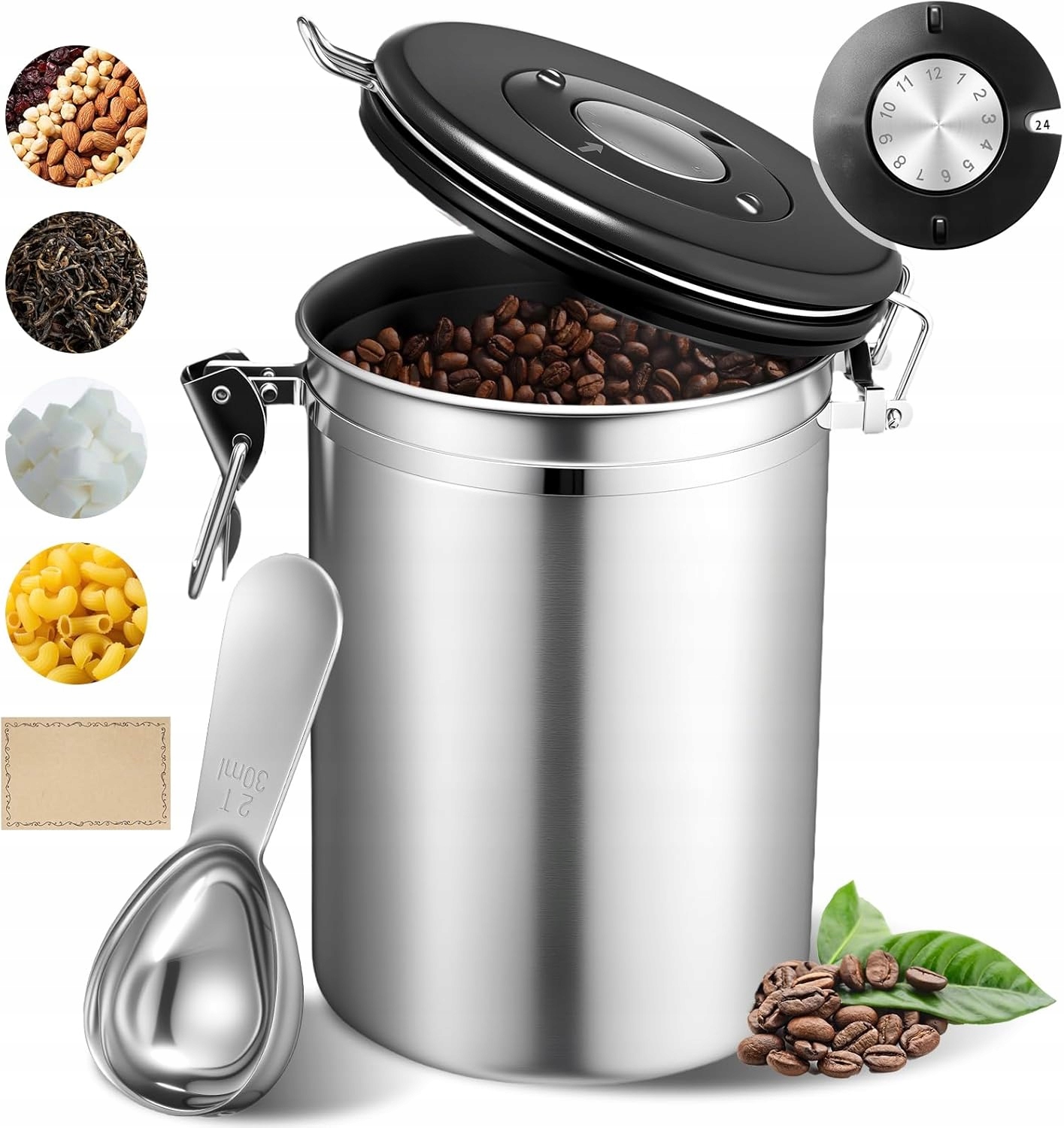 Hermetyczny pojemnik na kawę 1,8L – stal nierdzewna miarka i etykiety