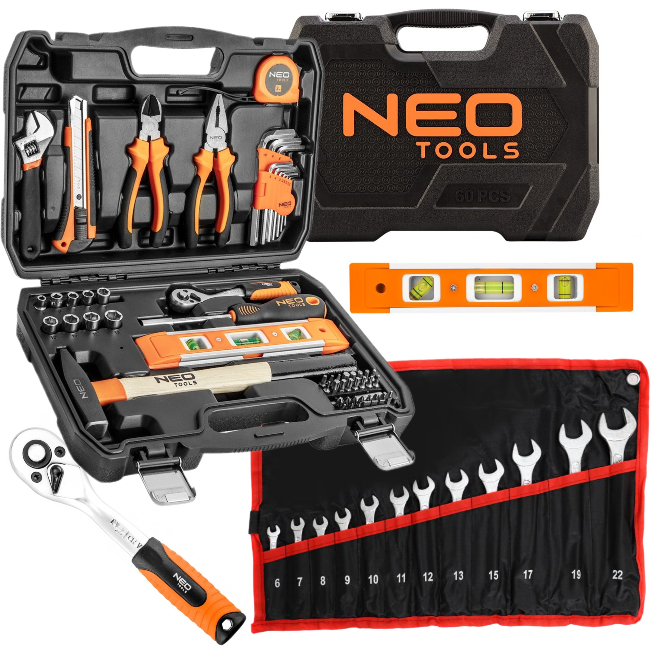 NEO ZESTAW KLUCZY NASADOWYCH 60e 1/2" 1/4" TORX BITY SATYNA + 6-22mm PŁ-OCZ