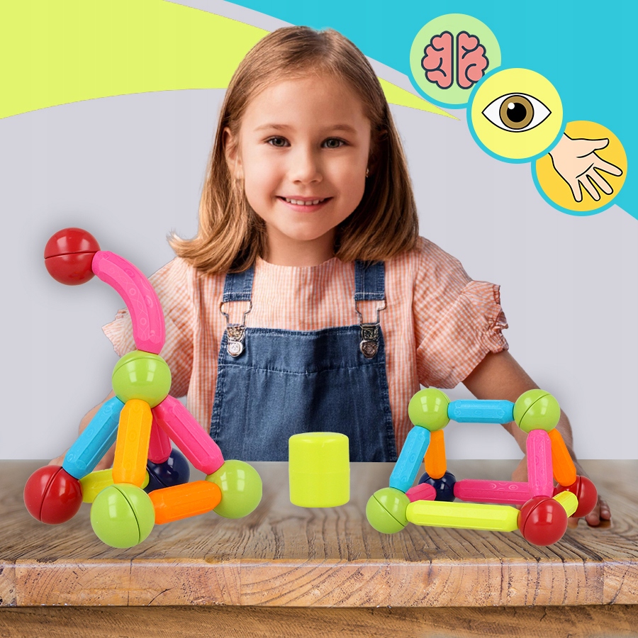 DUŻE KLOCKI MAGNETYCZNE KONSTRUKCYJNE EDUKACYJNE PATYCZKI DIY + AUTKA 80 el Marka Stator