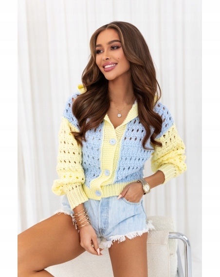 Ažurový svetr s kapucí Nová Kolekce Jaro 2026 Rozepínací Modr. – žlutý