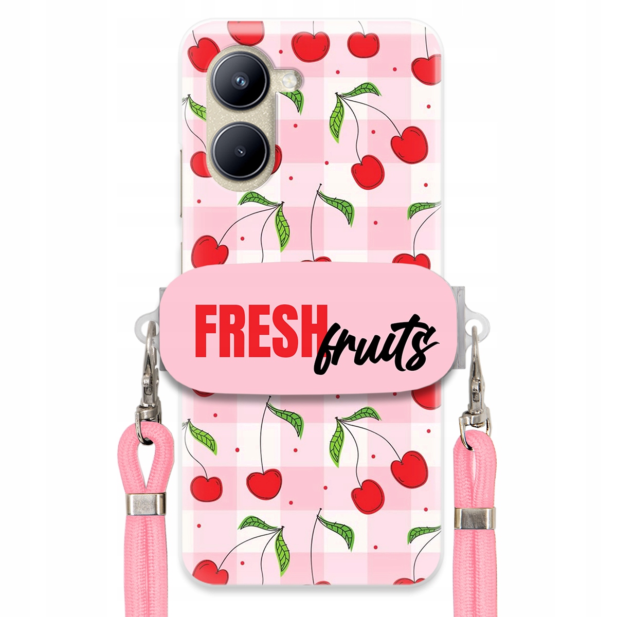 Puzdro na Realme C33 Case držiak na šnúrku Ružový Fresh Fruits Mriežka Ovocie