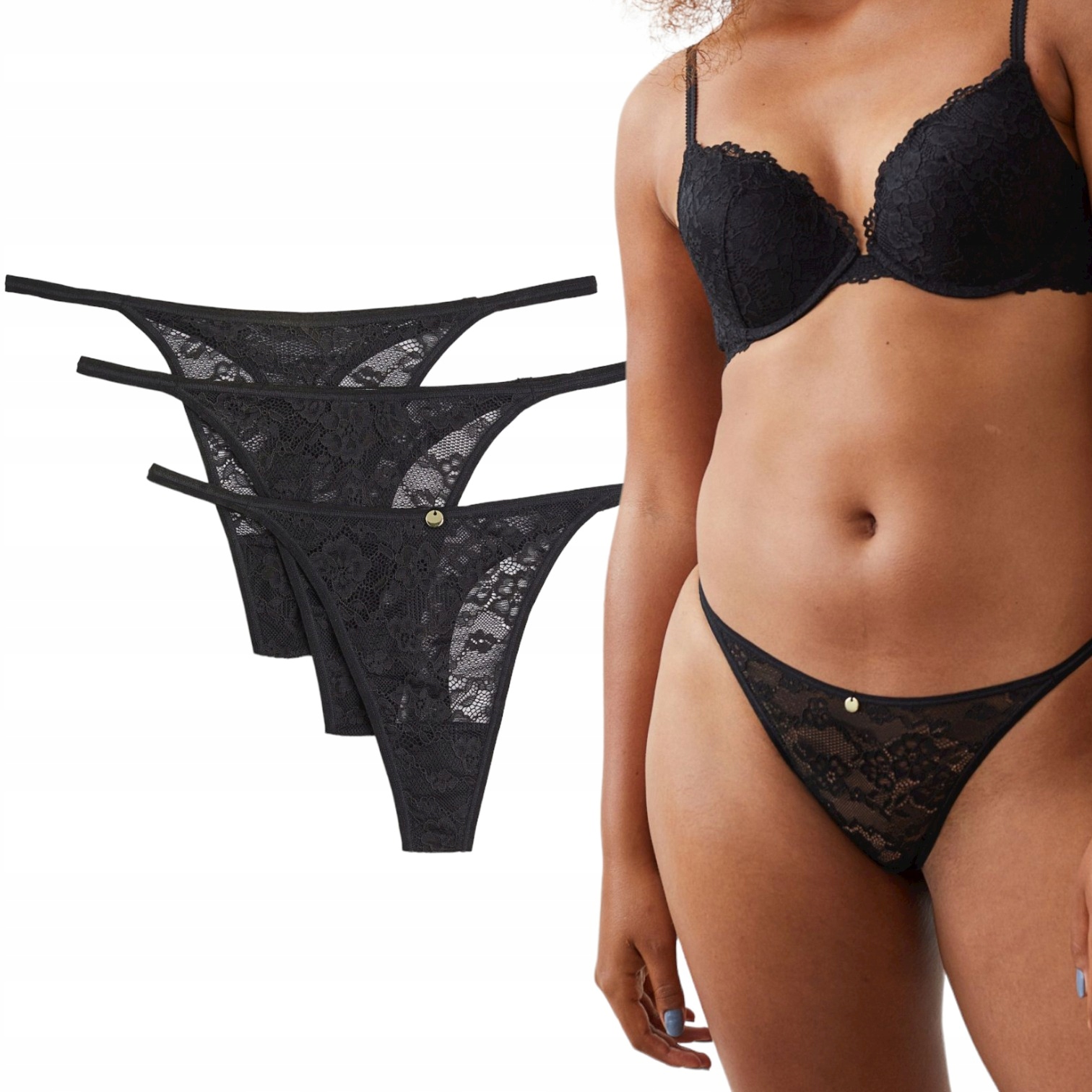 

H&m Majtki koronkowe figi Stringi Thong 3PAK M