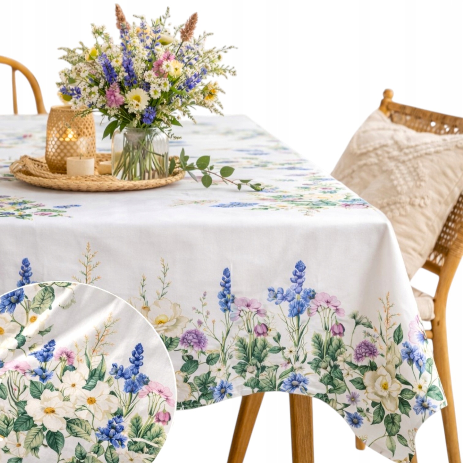 Obrus Biały W Kwiaty wiosenny Kwiaty na stół 140x220 cm Boho kwiatowy