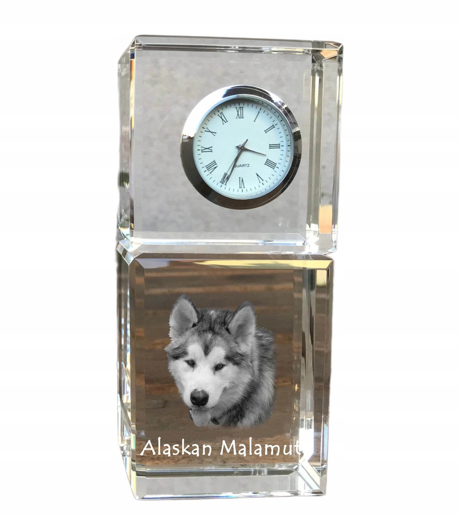 Aljašský malamute krištáľový stolový hodinový stroj so psom, s vašou fotografiou