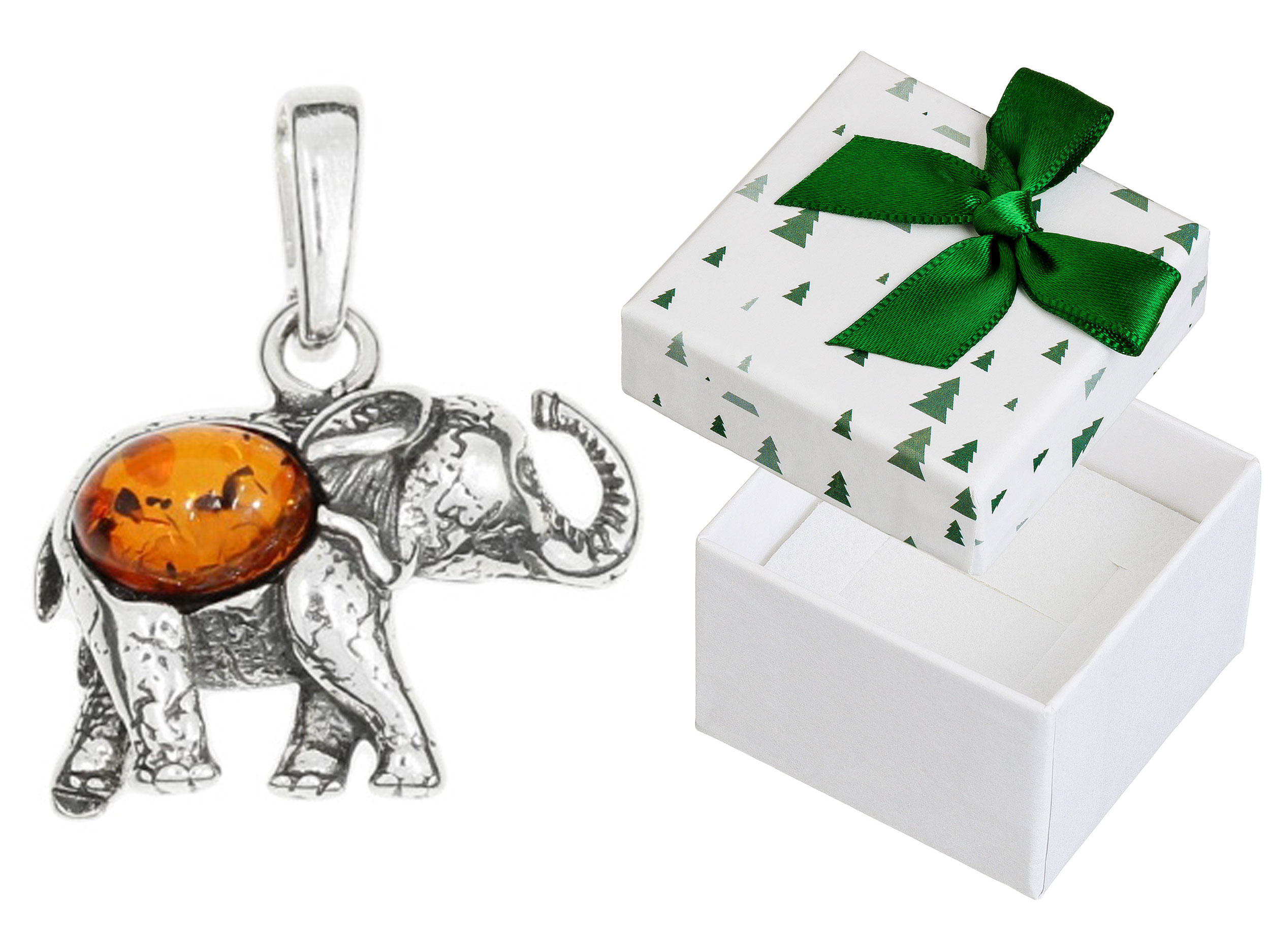 Stříbrný přívěsek Slon se vztyčenou trubkou a jantarem Oxidovaný Přívěsek