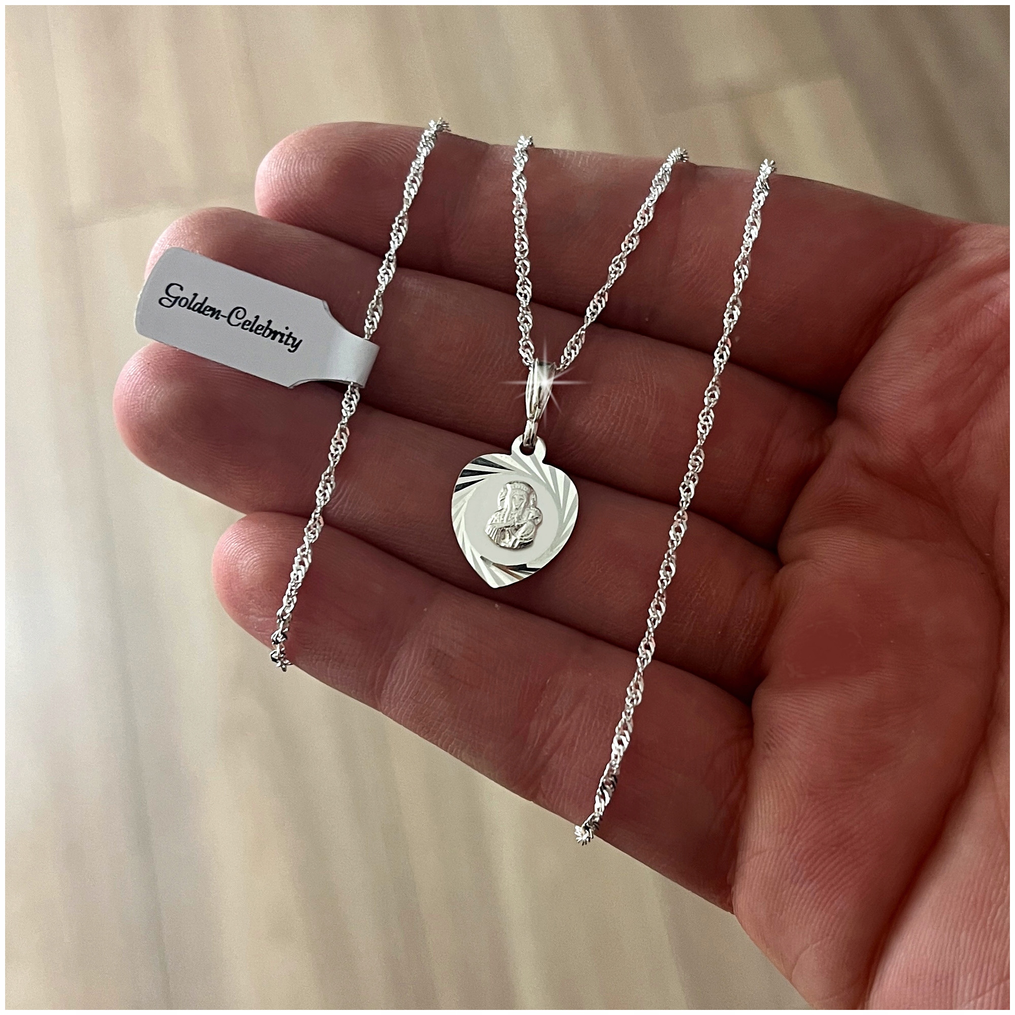 SREBRNY ŁAŃCUSZEK + MEDALIK MATKA BOSKA 925 PREZENT KOMUNIA CHRZEST GRAWER Marka Golden Celebrity