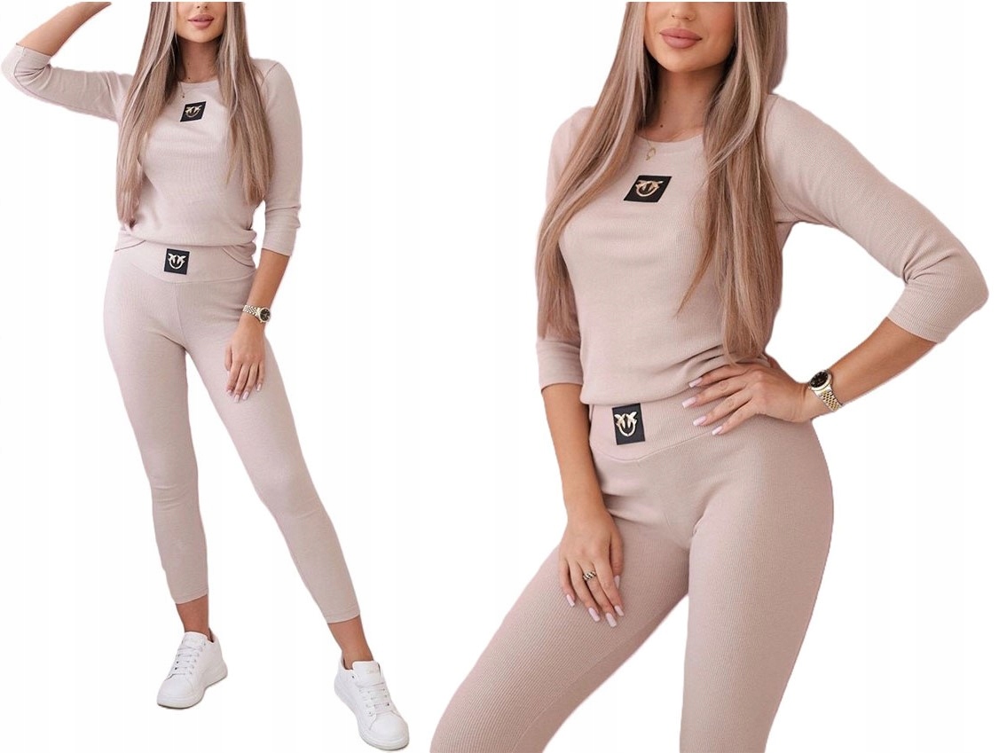 KOMPLET PRĄŻKOWANY LEGGINSY + BLUZKA JASKÓŁKI DRES FITNESS PIMKO PRĄŻEK L