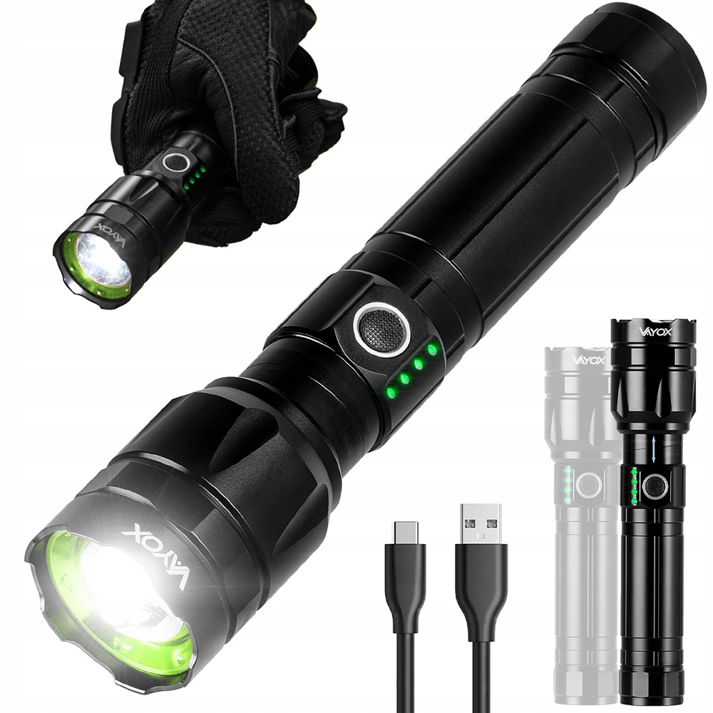 Latarka Taktyczna Led Mocna 30W Usb-c Akumulatorowa Zoom Wojskowa 5 Trybów