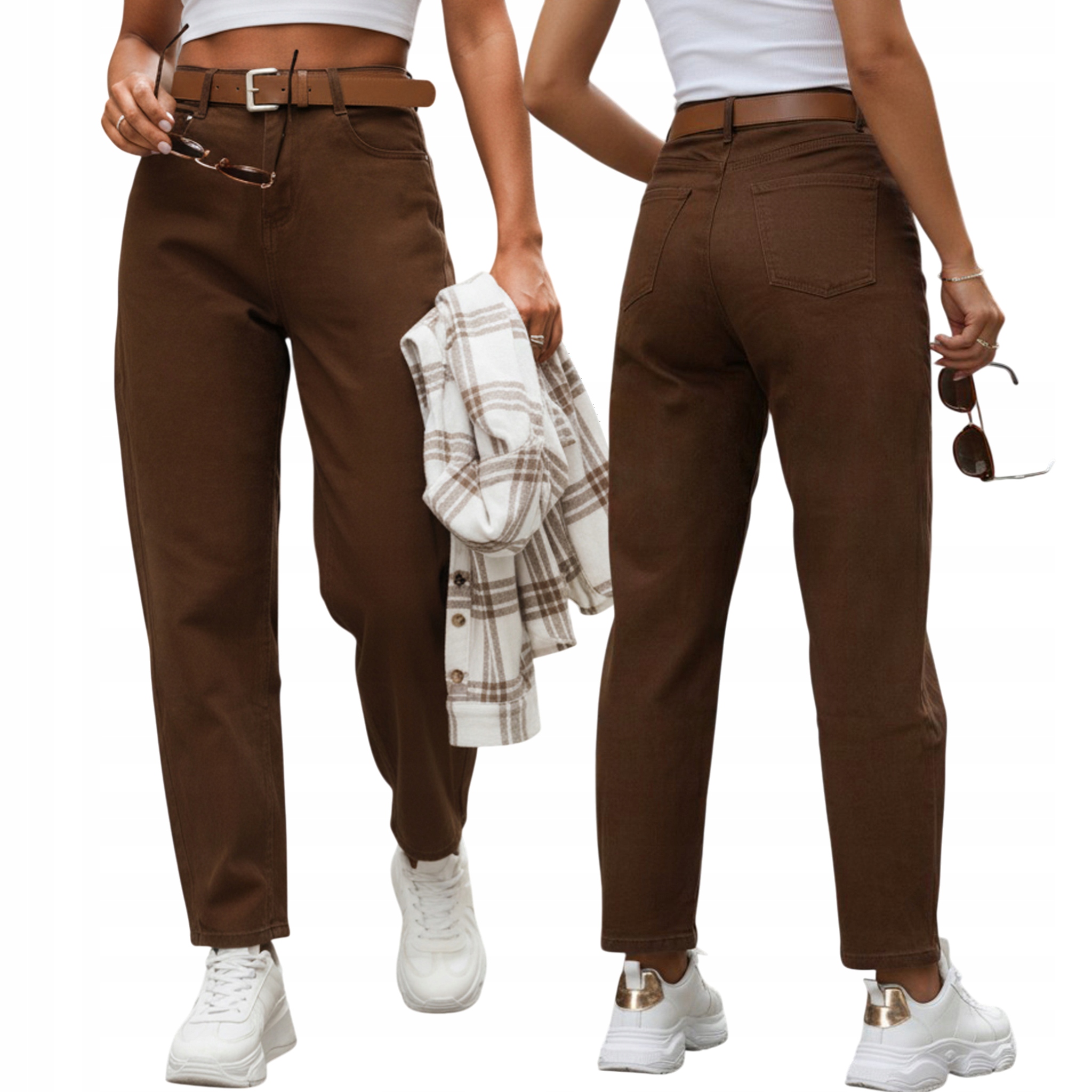 Spodnie damskie z wysokim stanem mom fit brązowe UY2920 Xs