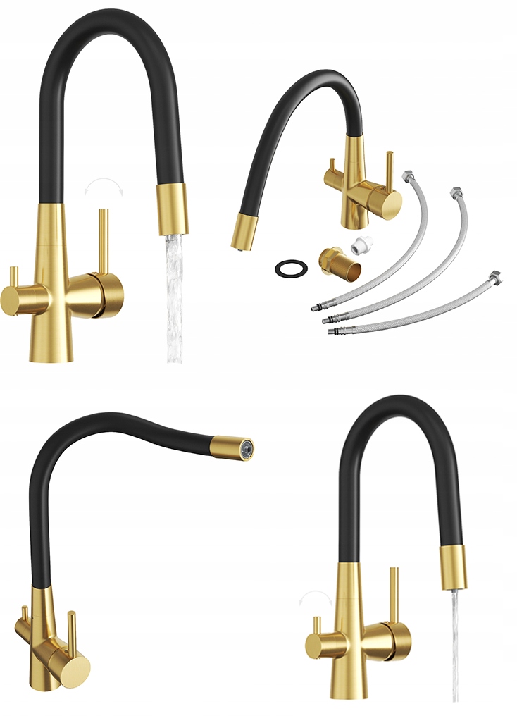 Kuchyňská baterie s flexibilním třícestným kohoutkem pro vodní filtr Fluo zlatá