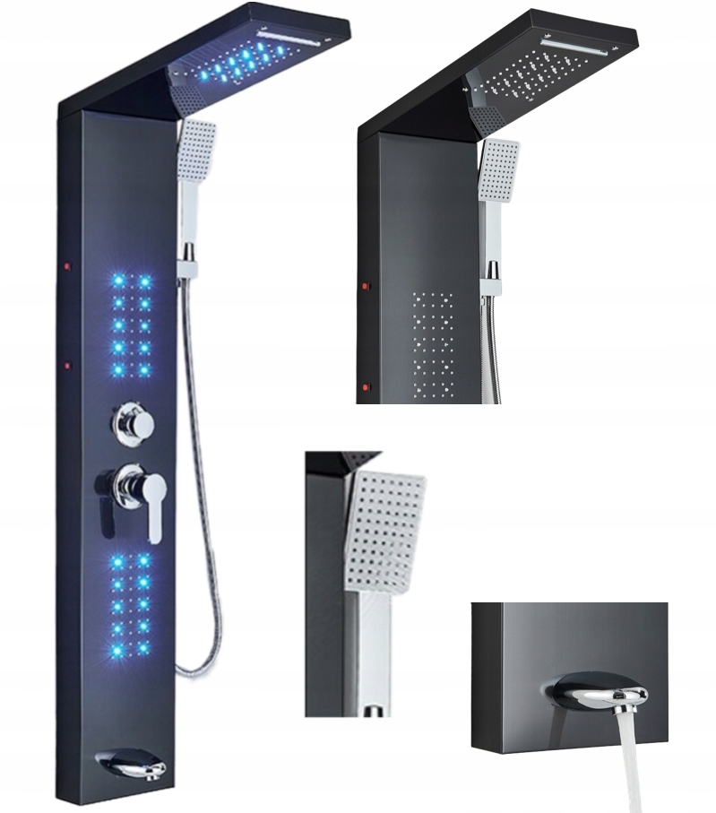 Led sprchový panel, vodopád, hydromasáž, čierny