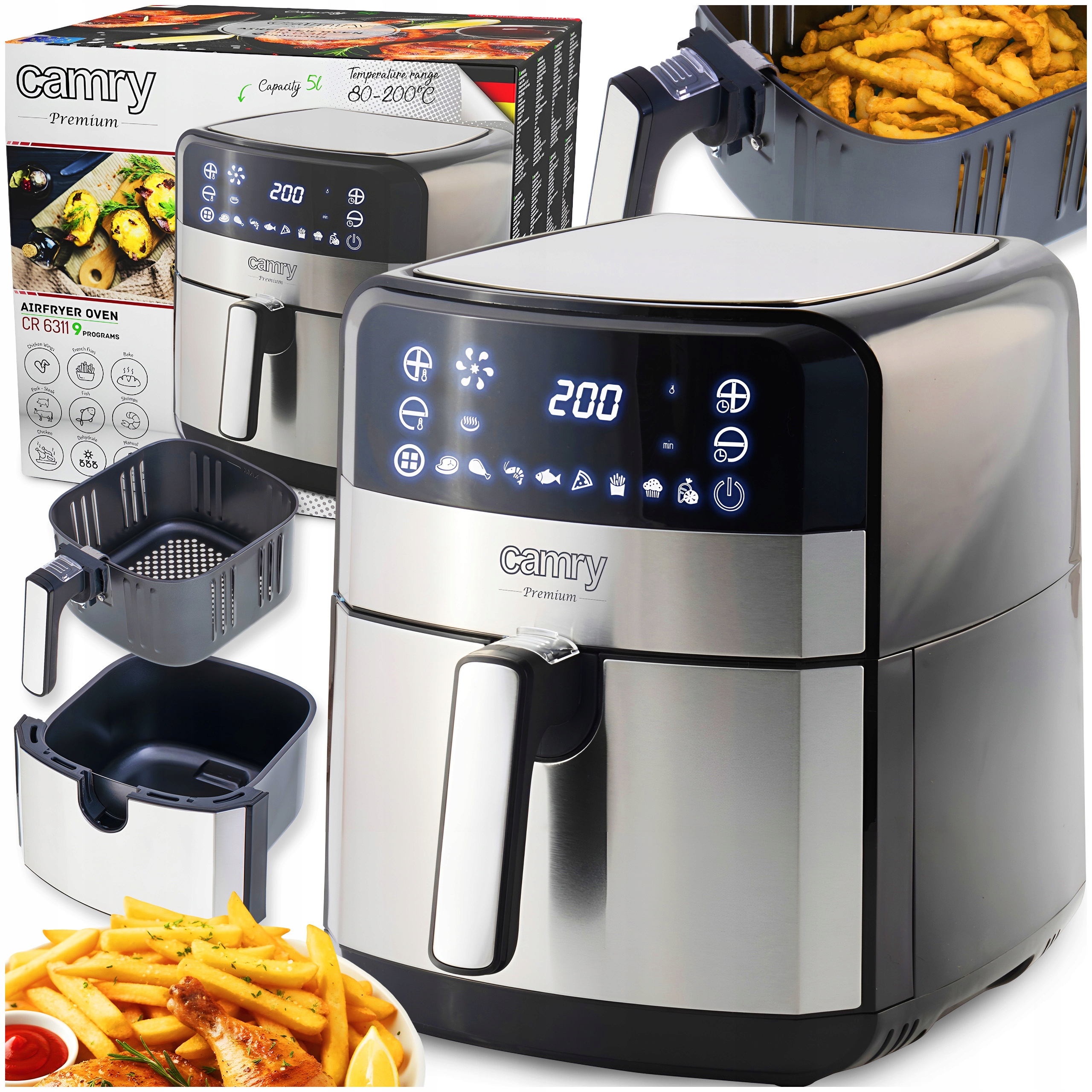 Frytkownica Beztłuszczowa Air Fryer 2500W Duża Piekarnik 9 Programów 5L