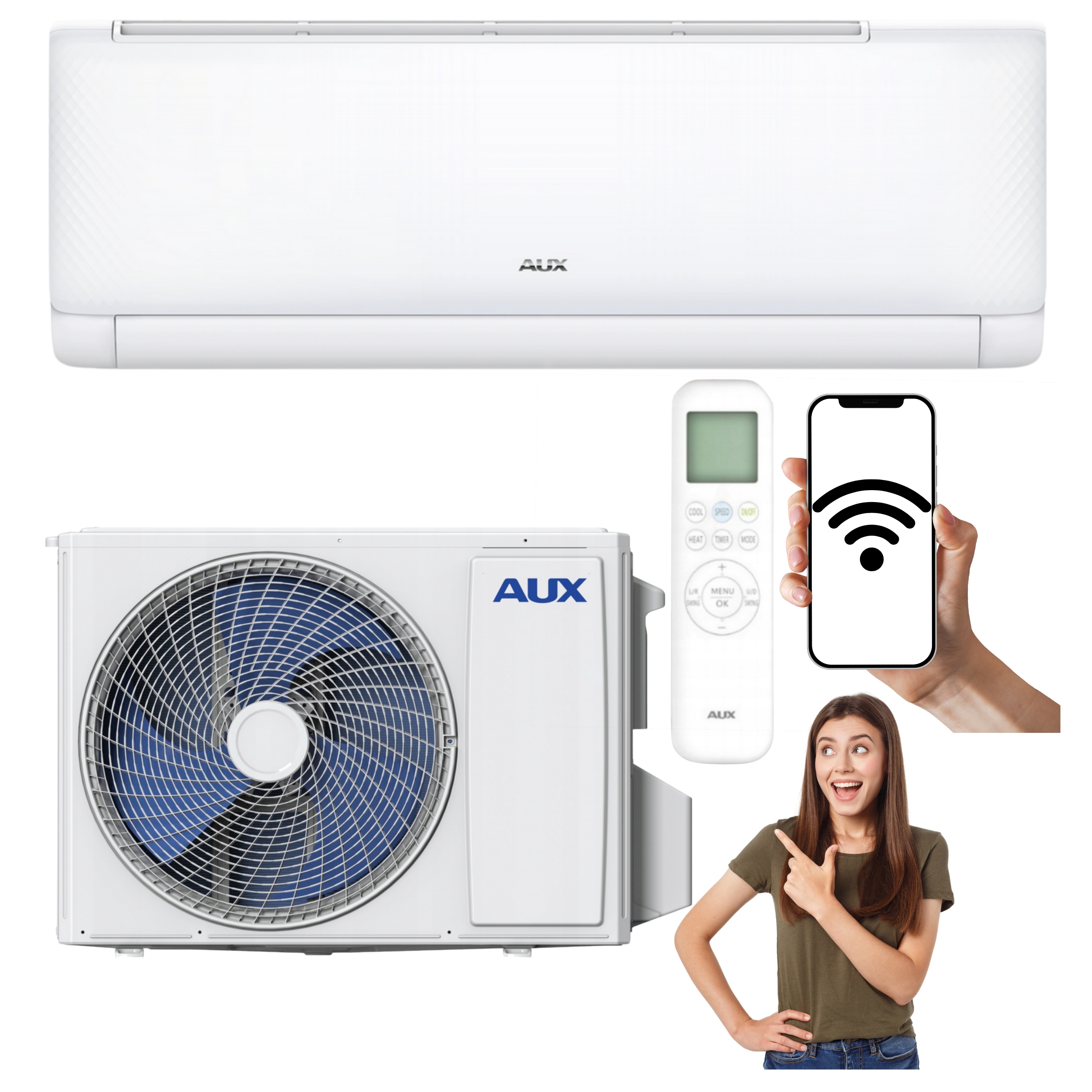 Nástěnný klimatizátor Aux Q-Smart Plus 2,7 kW Wifi S Topným Tělesem Výkonný Pro Domácnost