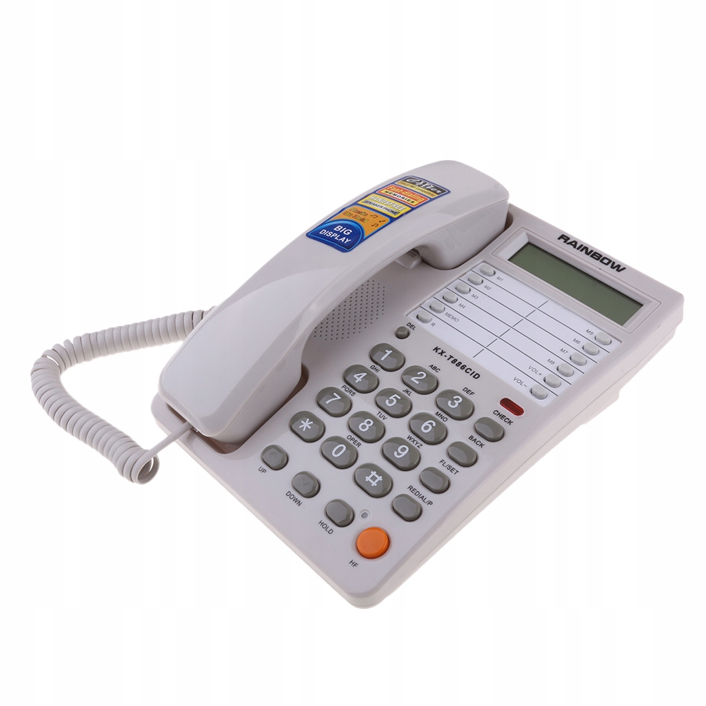 Telefon stacjonarny przewodowy, telefon stacjonarny z dużym przyciskiem i wyświetlaczem identyfikacji dzwoniącego, biały