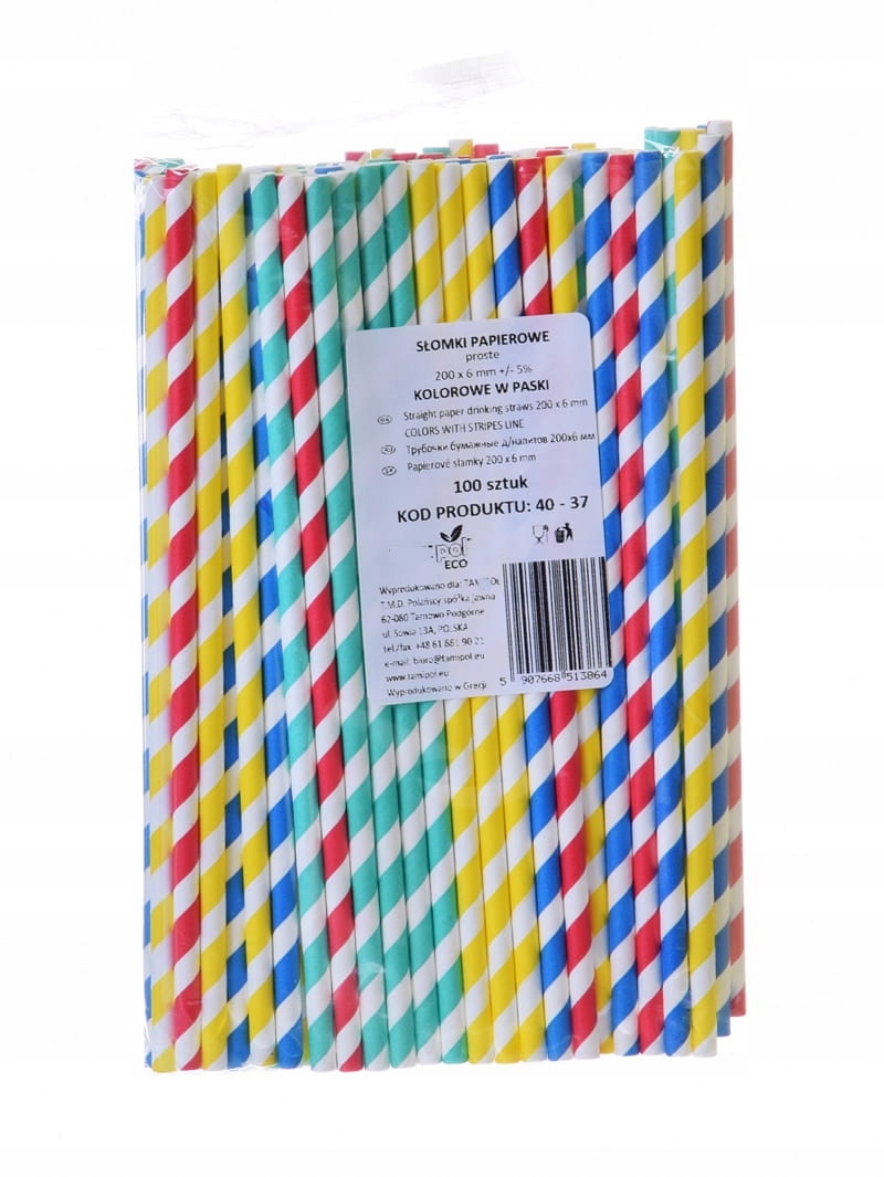 

Słomki papierowe Kolorowe Paski 200x6mm/100 szt