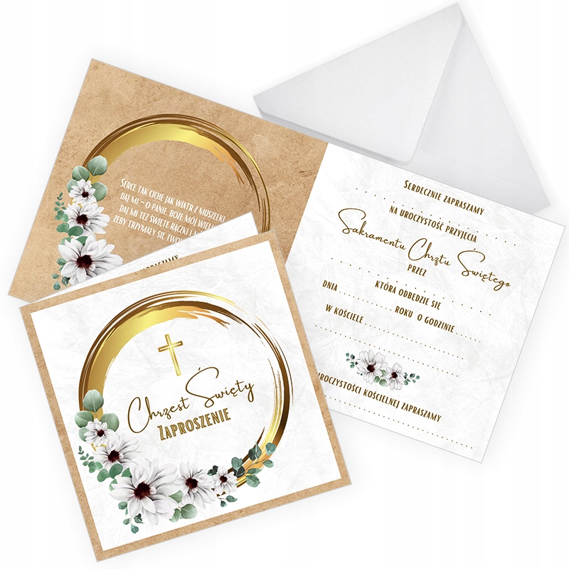 Zaproszenia na Chrzest Święty Kwiatowy Urok / Koperta Biała Gotowe ZKC_08