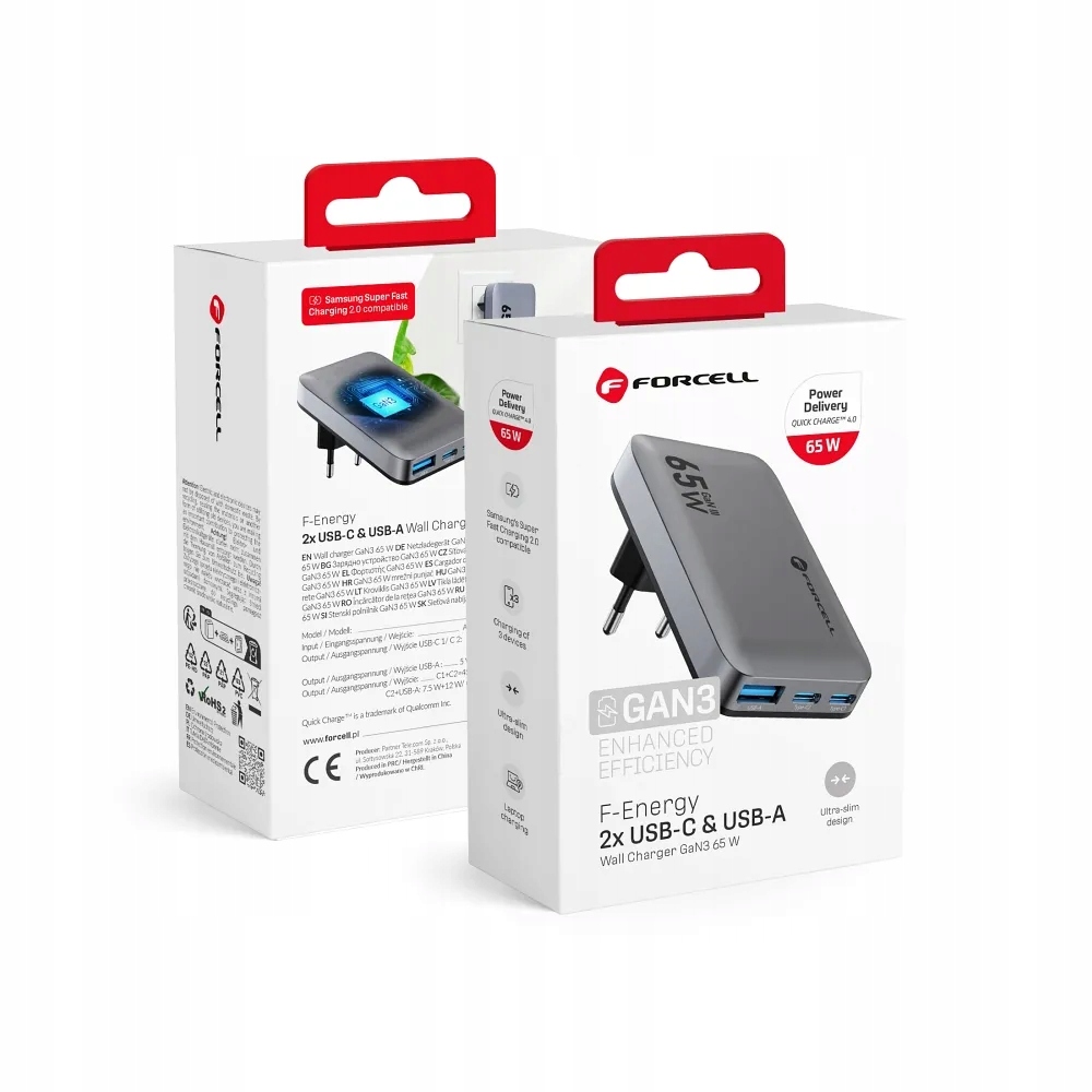 Ładowarka sieciowa Forcell GaN III 2 x Usb C Usb A QC4.0 Pd 4A 65W VT-47