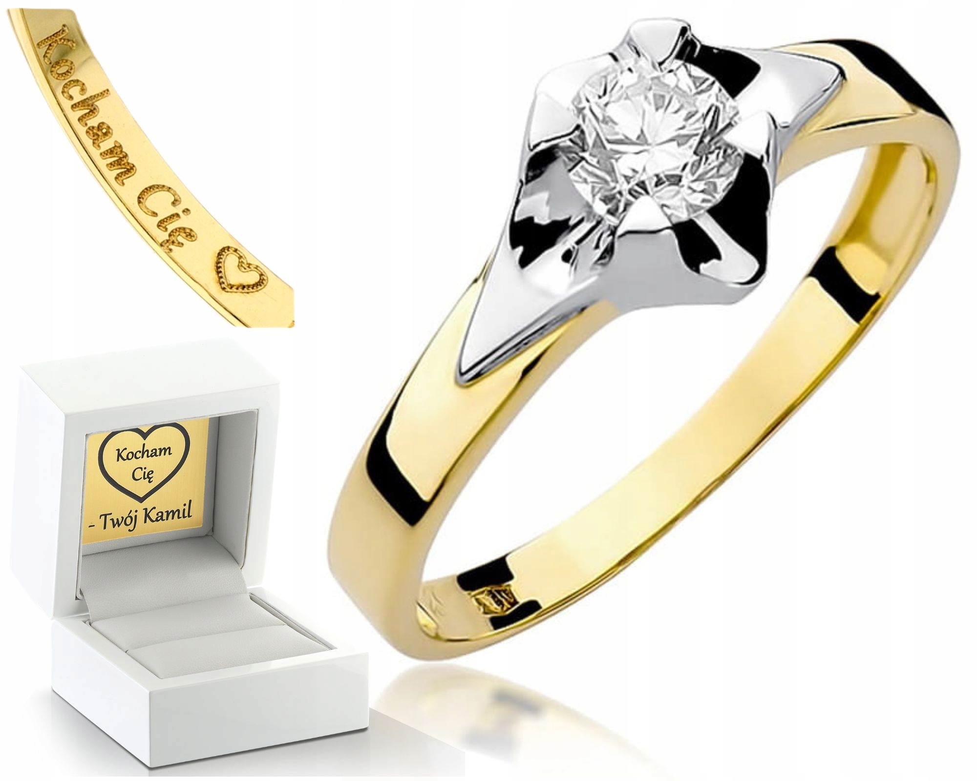 Prstýnek Briliant Zlato 585 14K Nádherný Pro Zásnuby Gravírování Miluji Tě