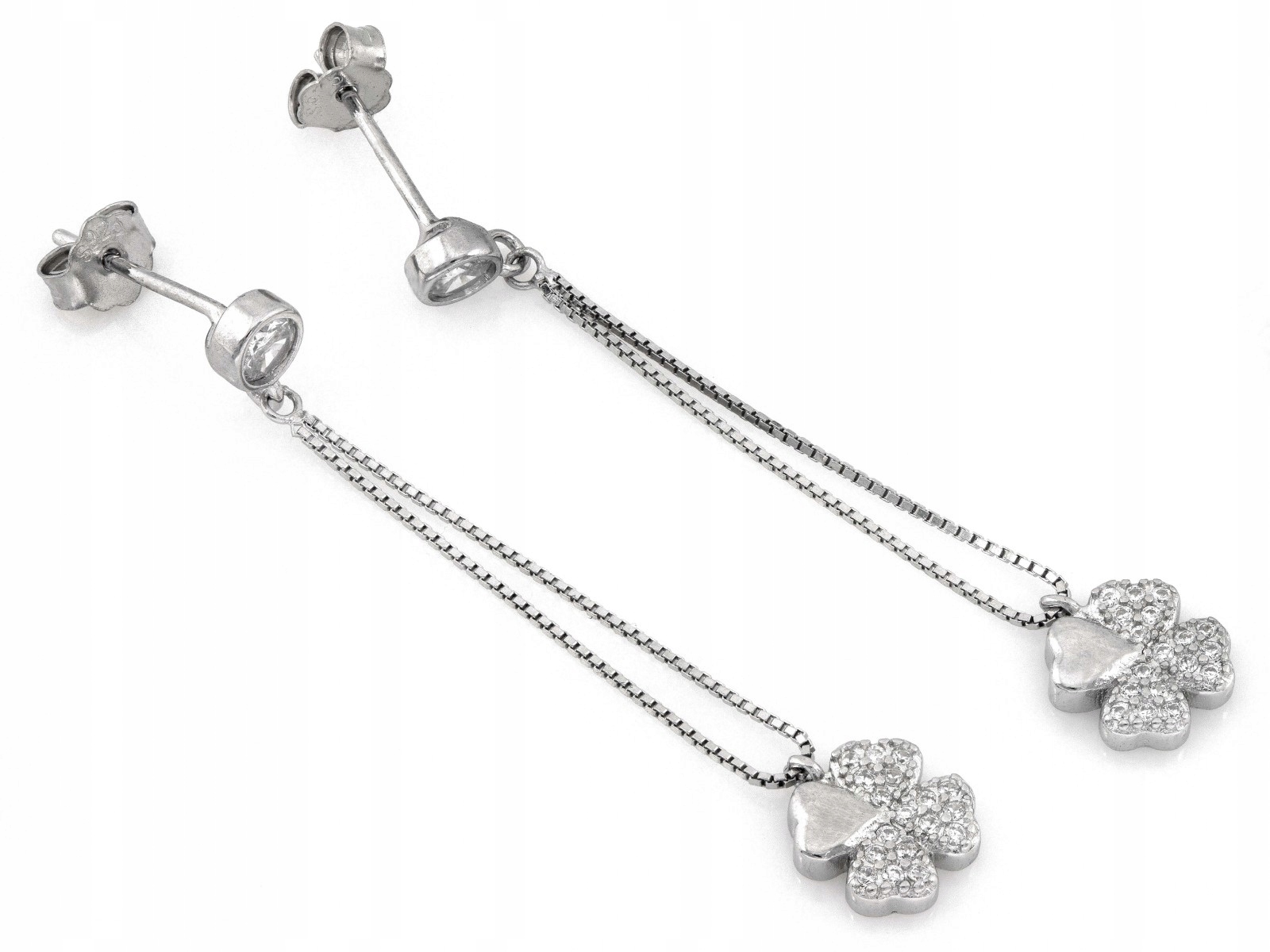 Dlouhé stříbrné náušnice řetízkové Ag 925 s čtyřlístky a bílými zirkony, 2.17g