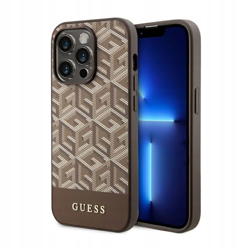 Guess GCube Stripes MagSafe – Pouzdro pro iPhone 14 Pro (hnědé)