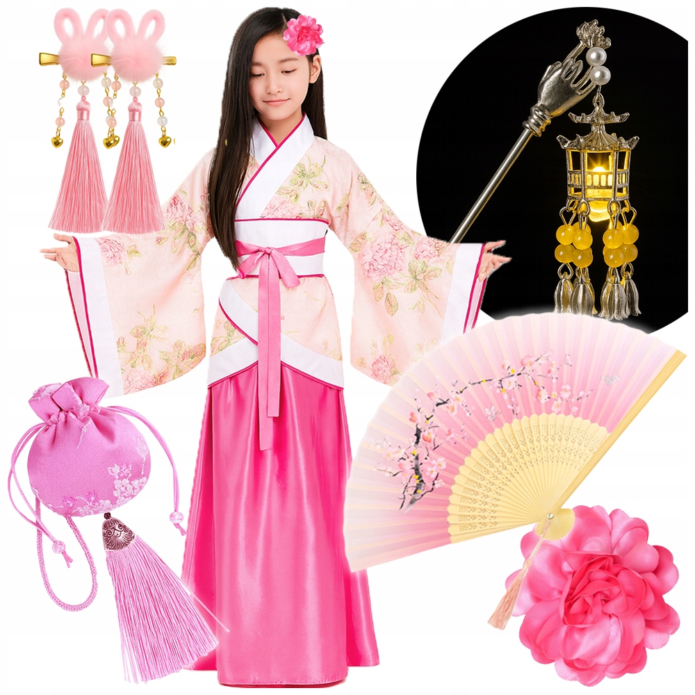 Strój Japonka Orientalne Kimono Piękne Dodatki Różowa 122/128 balovelove