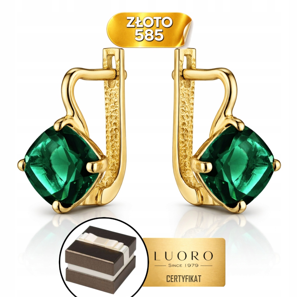 Náušnice Zlaté 585 14K Zelený Křemen Čtverec Anglické Zapínání 14 MM