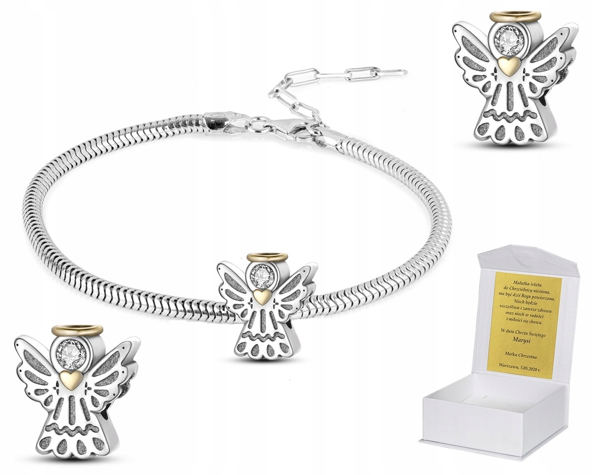Bransoletka srebrna 18-22cm Charms Aniołek Chrzest Komunia BC402