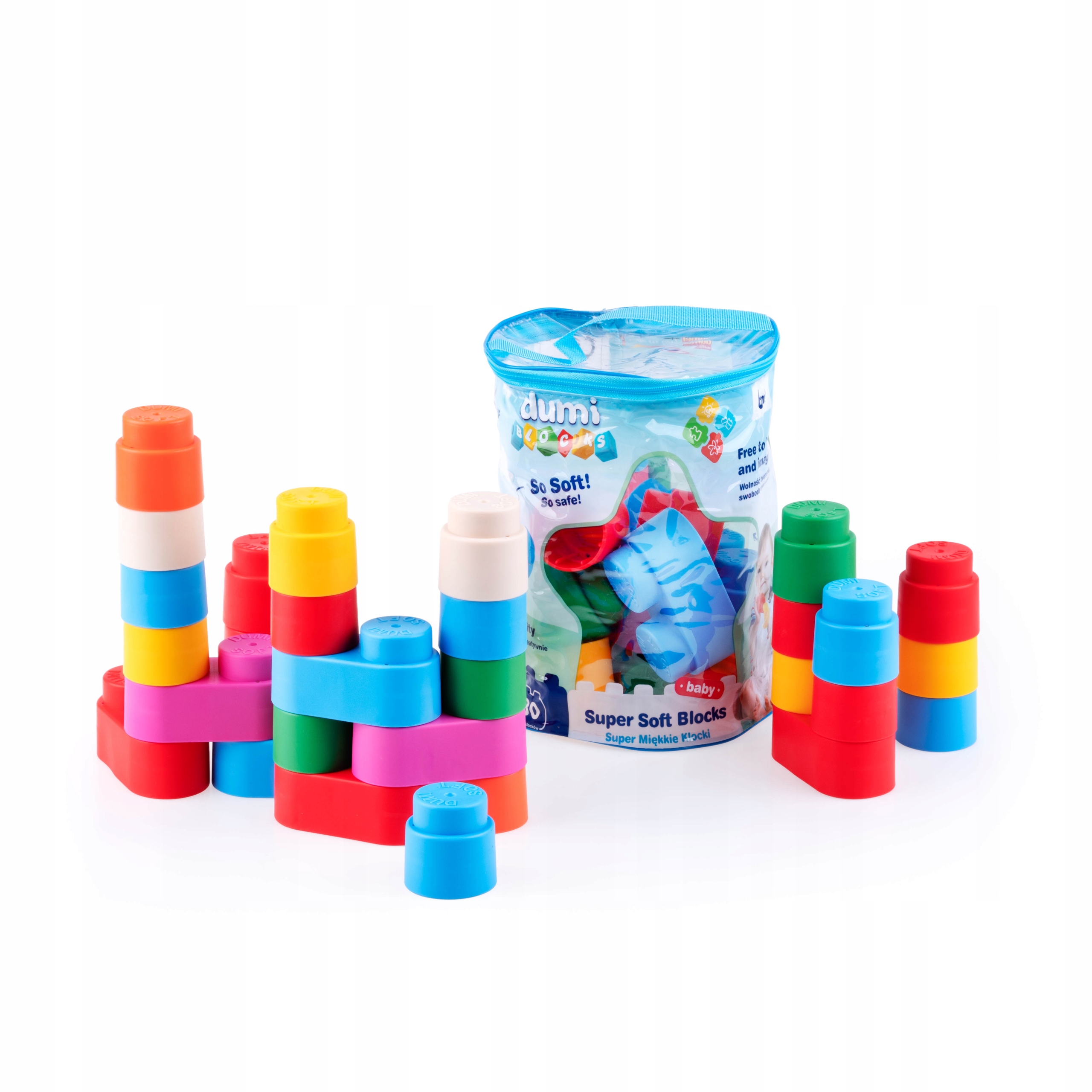 Sensoryczne Miękkie Klocki dla dzieci 30 sztuk Dumi Blocks 6m+ Dumel