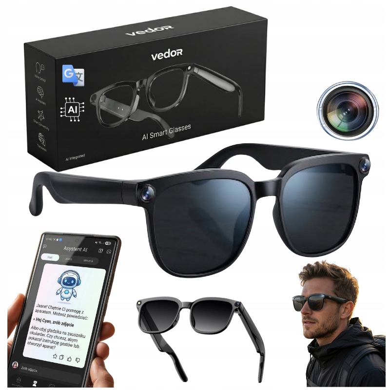 Inteligentne Okulary Ai z Kamerą Asystentem Mikrofonem Tłumaczeniem Live